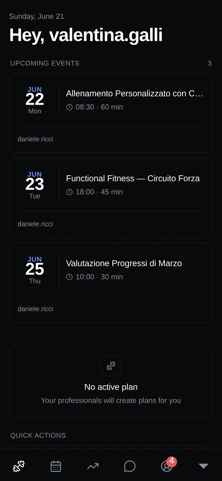 The Events screen in the mobile app