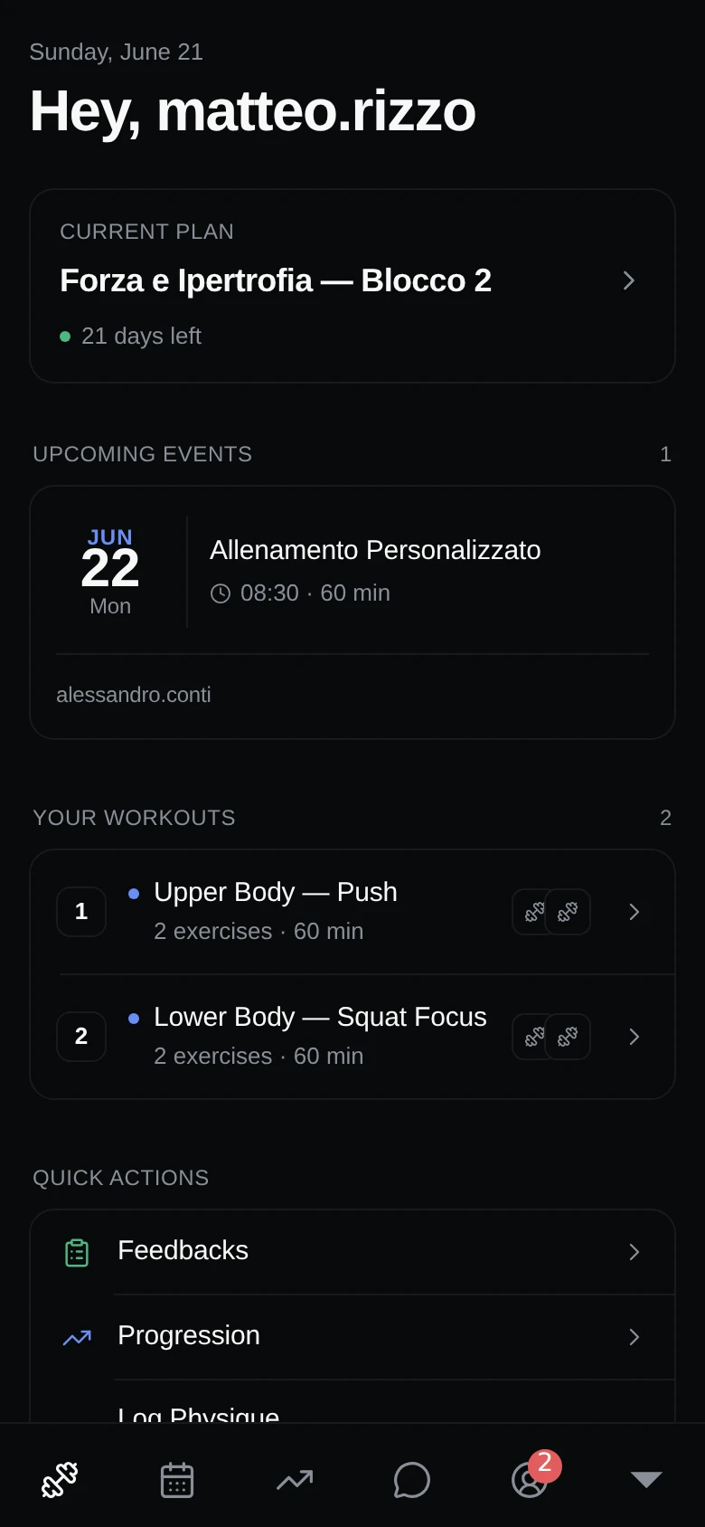 The Training home screen in the mobile app