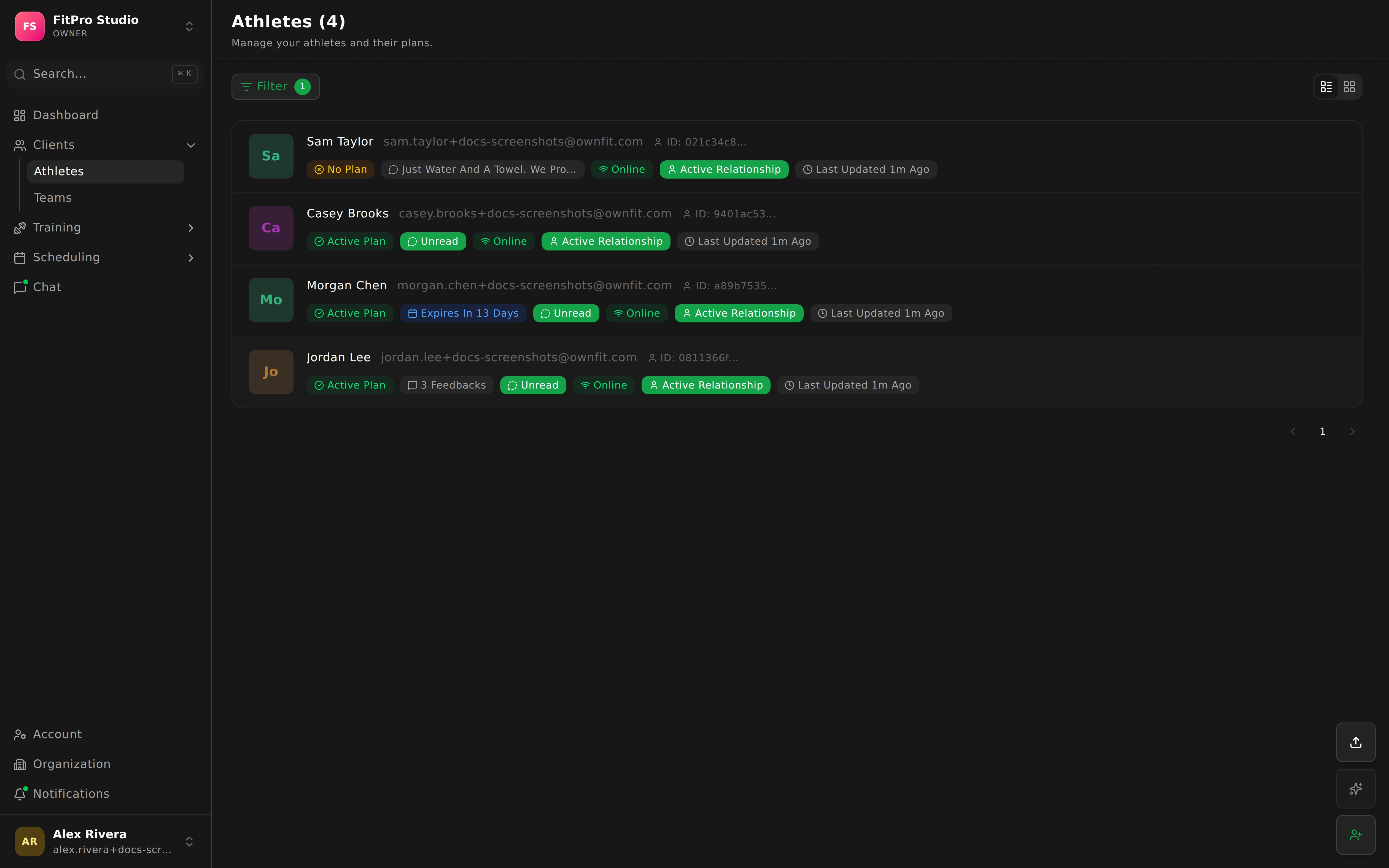 The athletes list in the trainer dashboard