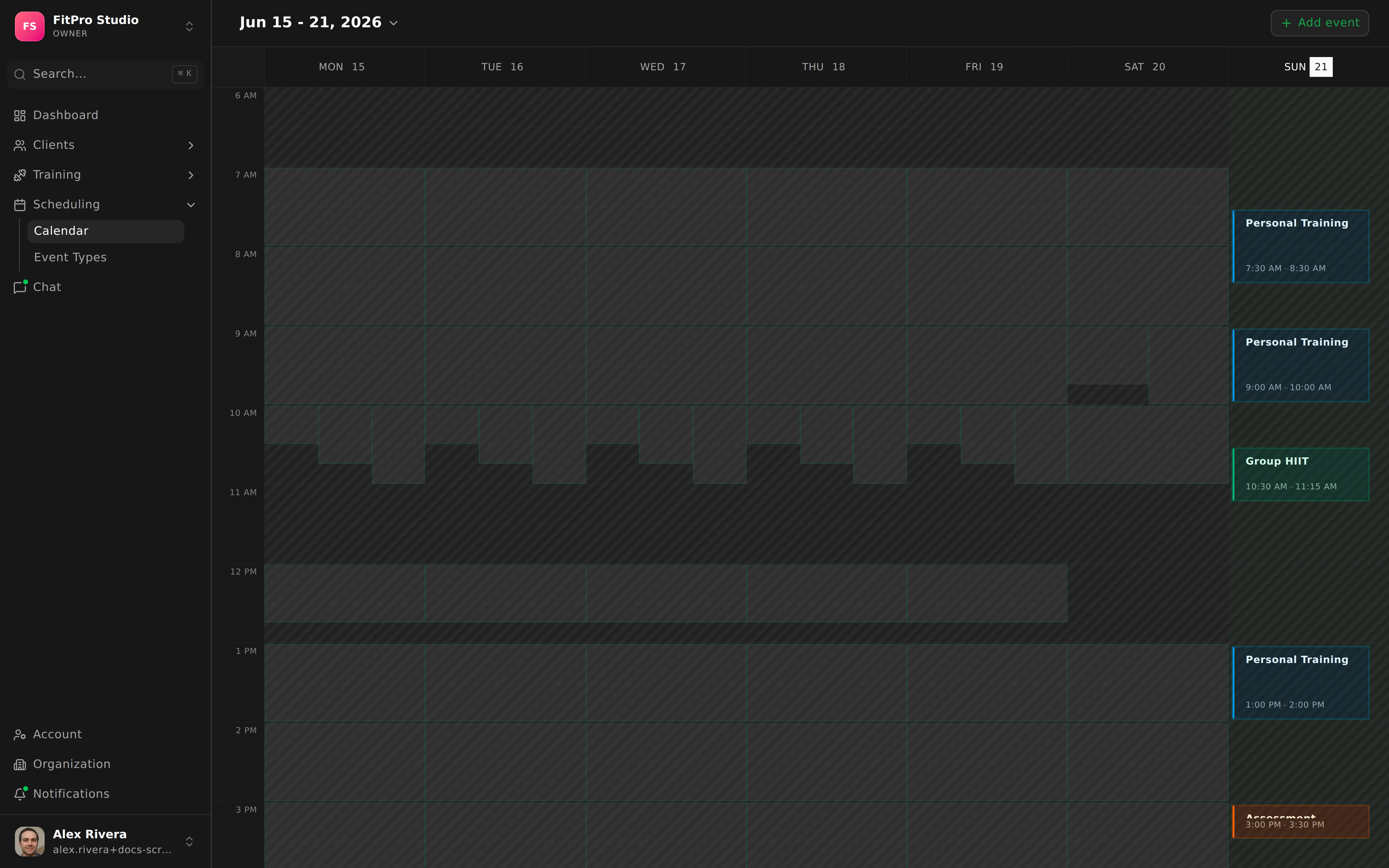 The calendar with scheduled sessions